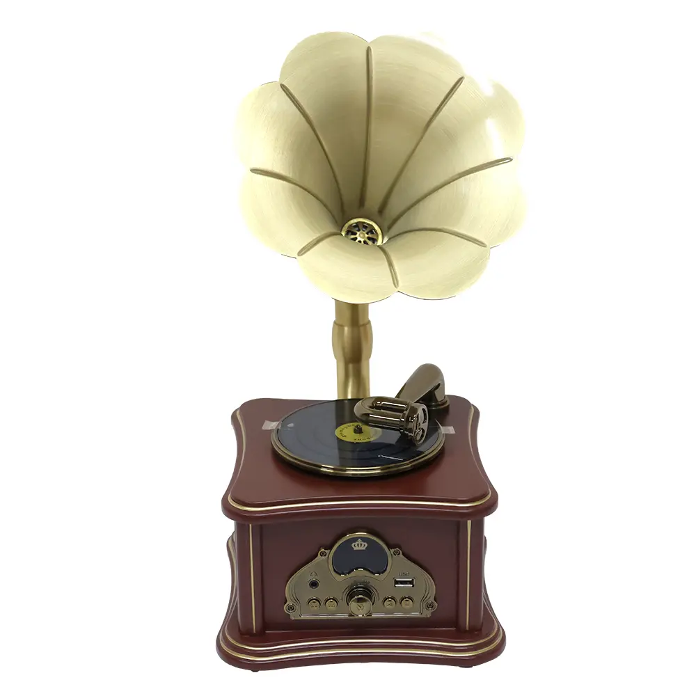 Brown Vintage Mini Wooden Gramophone Speaker - Bluetooth Audio Device with EU Type Plug, Auxiliary Input, Earphone Jack, USB Port, Wireless Connection, Stereo Sound for Music Players, Auxillary Input