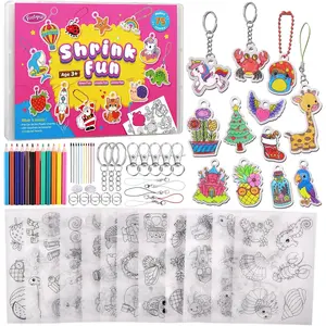 Shrinking Art Sheets Kits for Kids, 75 Pre-Cut Shrink Paper Craft Keychain Making Kit, 12 Themes DIY Shrink Art Plastic Sheets with Charms and Keychains Accessories