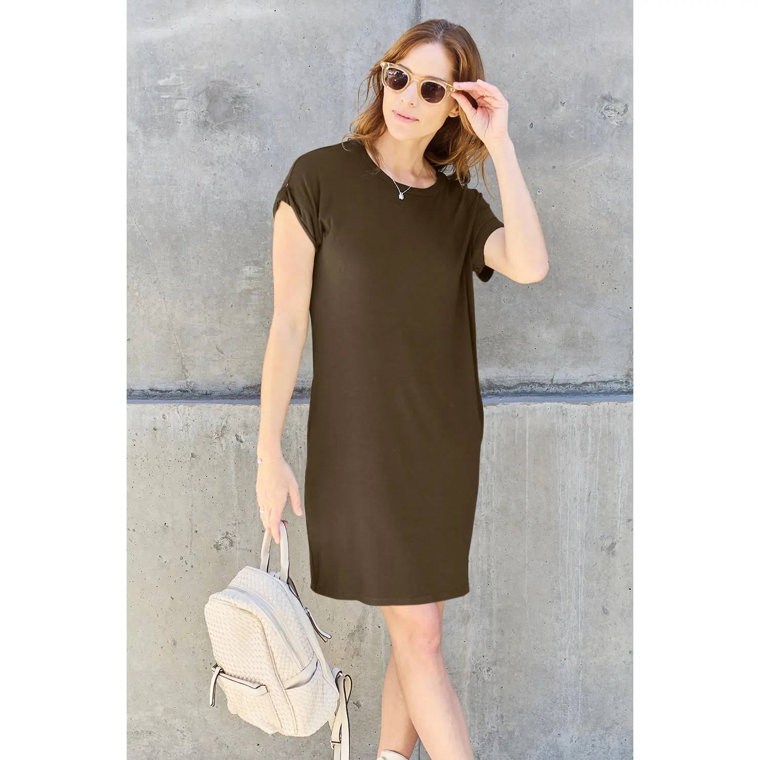 Women's Minimalist Short Sleeve Round Neck T-Shirt Dress with Pockets, Stretchy Polyester-Spandex Blend, Casual Wear, Imported, Basic Look