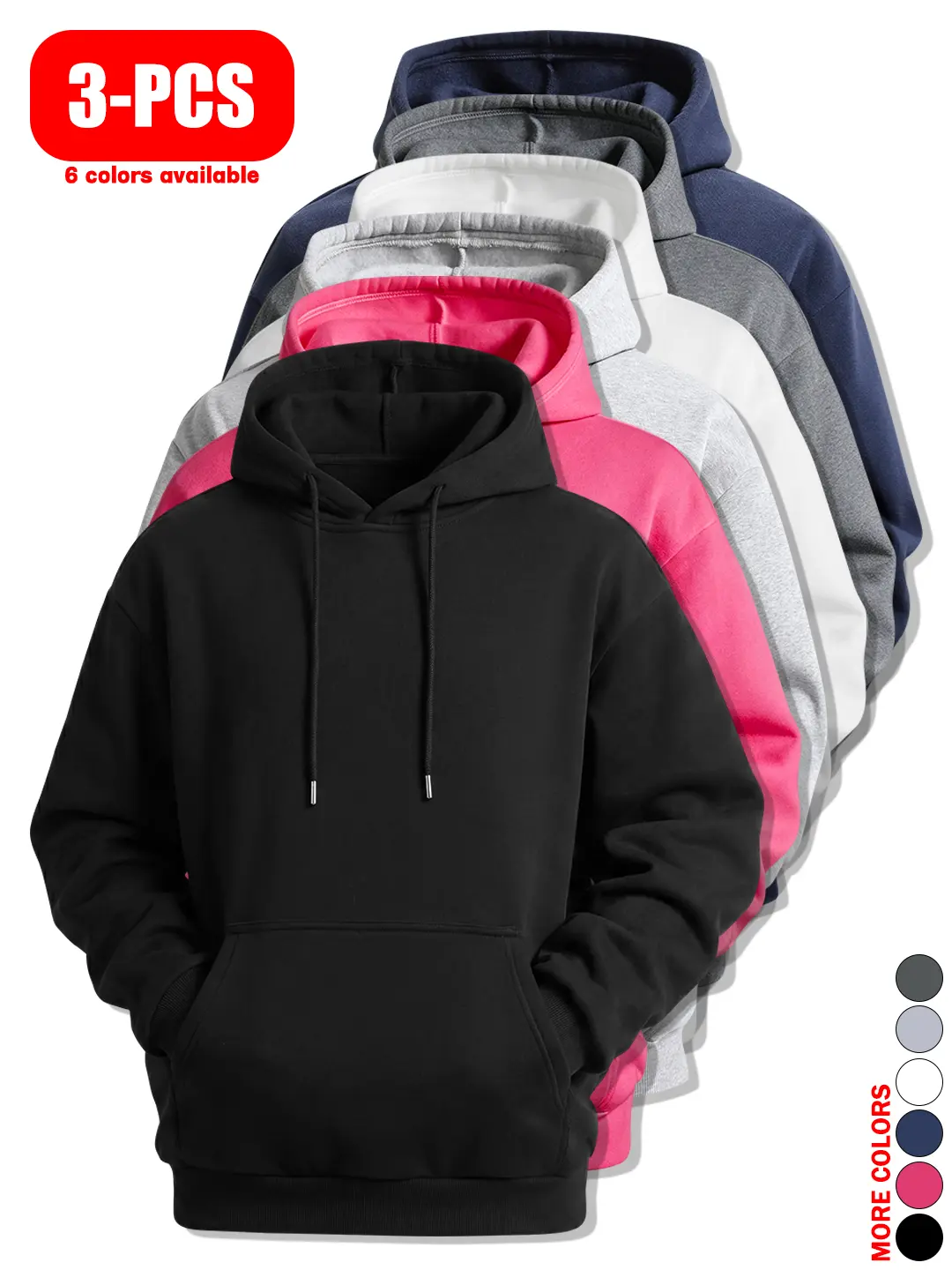 3-Pack, Men's Hooded Sweatshirt for Autumn & Winter, Loose Fit, Solid Color, Minimalist Basic Style, Skin-Friendly & Comfortable Long Sleeve Hoodie, Street Fashion Trendy, Versatile Men's Top for Daily Casual Wear, Sports, Gym and Cycling
