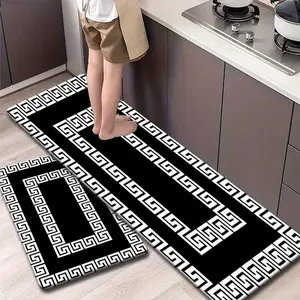Flannel Kitchen Mat Rug Set, Greek Key Pattern, Anti-Slip, Absorbent, Ideal for Kitchen, Bathroom, Laundry Room