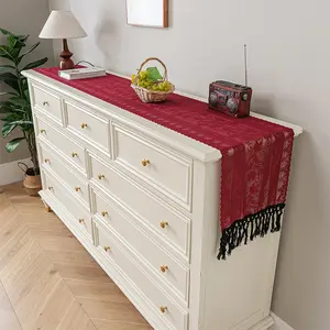 Lace table runner with vintage hollow-out design and tassels, knitted table runner for sideboard, coffee table, and dining table, pastoral style table runner