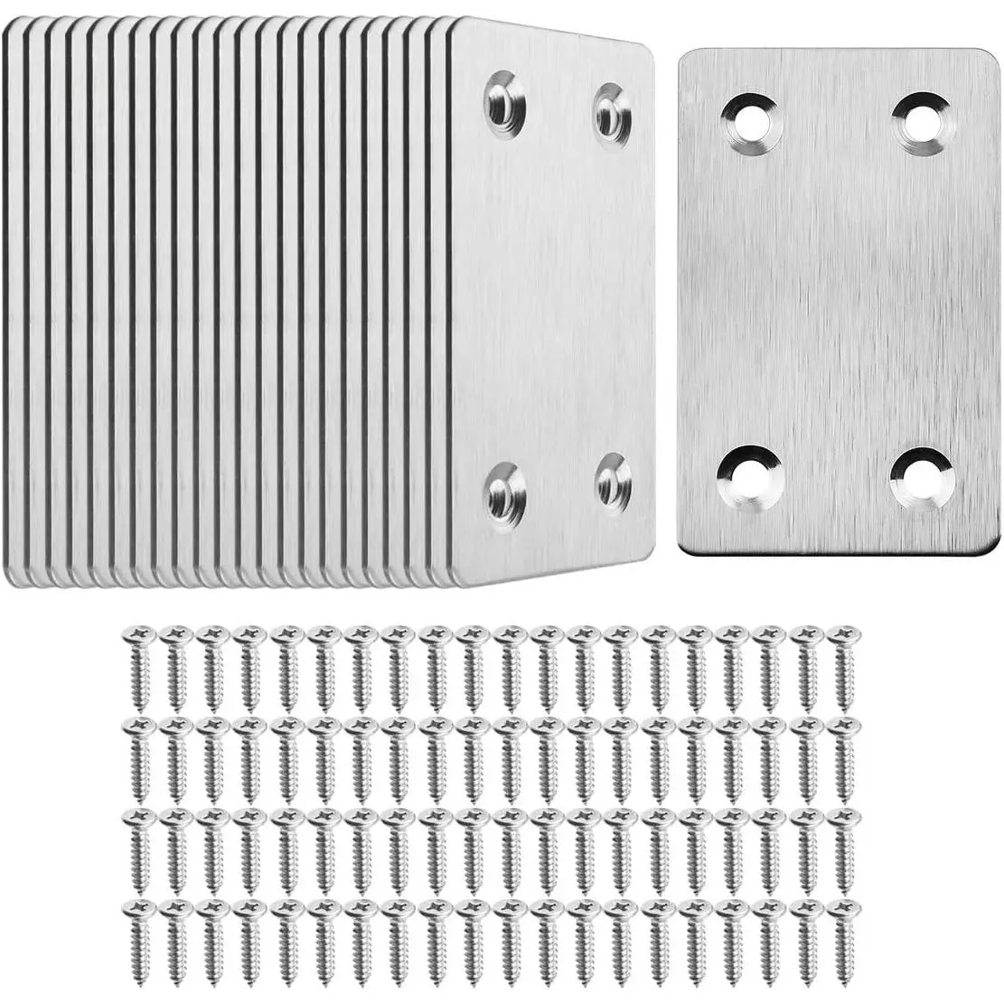 20-Pack Stainless Steel Flat Brackets with 80x Matchable Screws, 0.06in Thick Straight Joining Plates (60x38x1.5mm/2.4in x1.5in), 4-Hole Rust-Resistant Wall Mount Hardware for TV Mount Stand & Window Frame Fixing