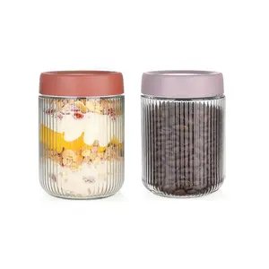 2/4/6-pack 16oz Ribbed Overnight Oatmeal Jars with Lids, Airtight Glass Jars, Wide-Mouth Mason Salad Jars, Glass Food Storage Jars, Reusable Snack Container, Suitable for storing snacks, yogurt, spices, sugar, etc.