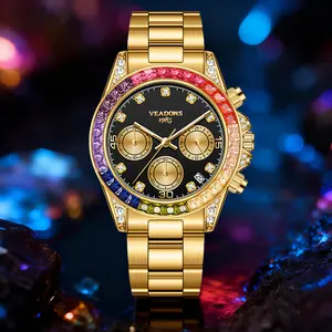 VEADONS Men's Business Fashion Analog Quartz Watch – Rhinestone & Rainbow Crystal Decor, Chronograph, Luminous Display, Date Function, Water Resistant, Suitable for Party & Daily Wear, Birthday Gift with Gift Box