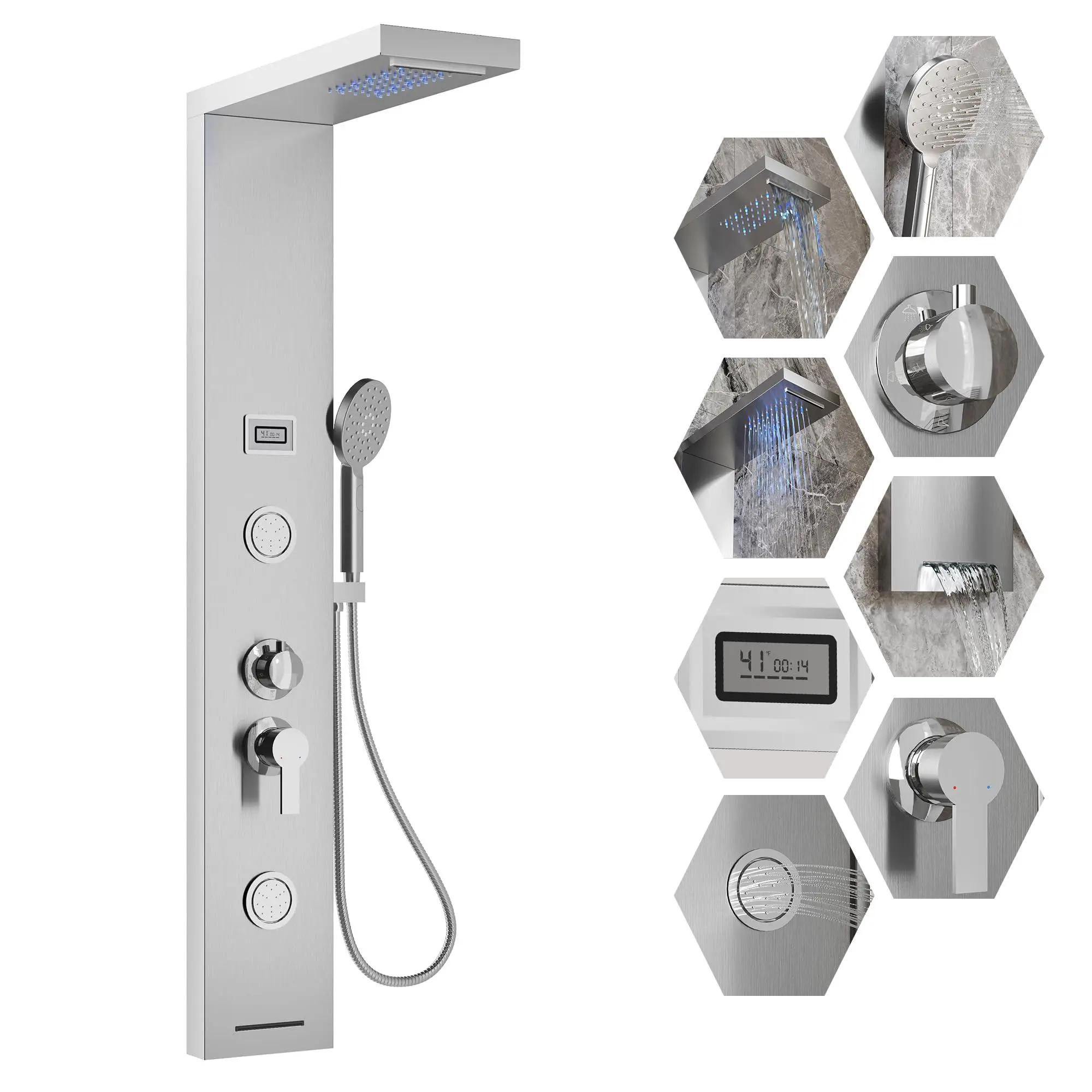 GAOMON Led Shower Panel Tower System, 5 in 1 Shower Panel with Rainfall Waterfall Shower Head, 2 Body Spray, 3-Function Handheld Shower, Tub Spout,Temperature Display,Stainless Steel Brushed Wall-Mounted