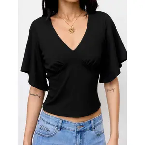 Cider V-neck Ruched Short Bell Sleeve Top