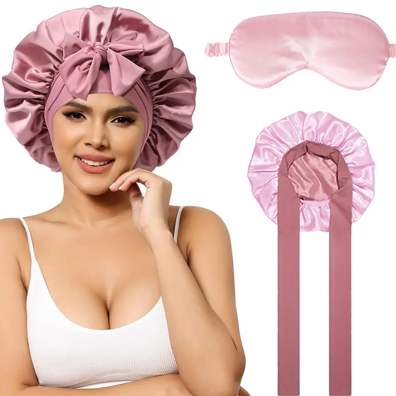 AWAYTR Satin Bonnet for Women Silk-Like Bonnets for Sleeping Curly Hair Bonnets with Tie Band Double Layer Sleep Cap and Eye Mask 2Pcs/Set TikTokShopBlackFriday