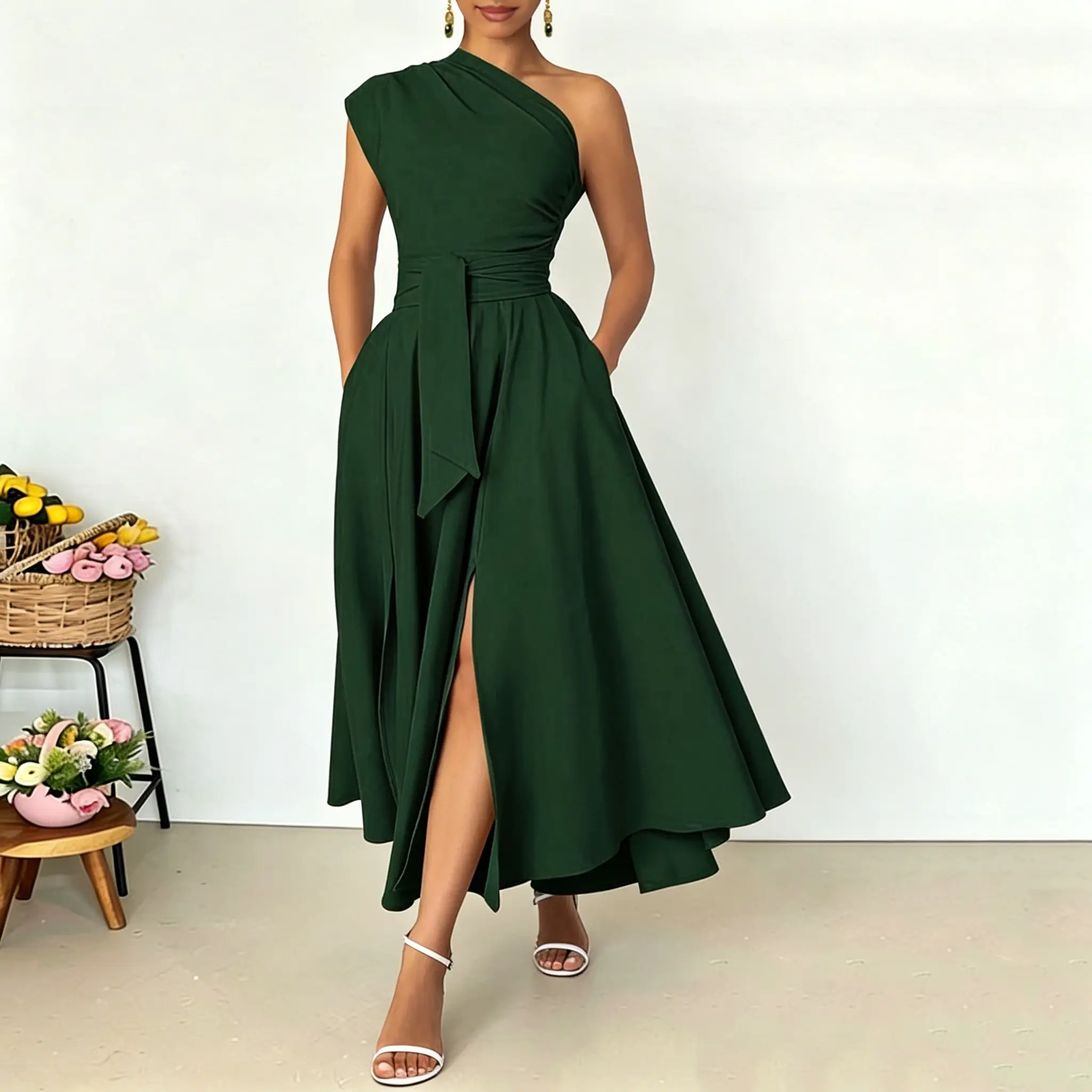 Women's 1-Shoulder Belted Polyester Maxi Dress - Long Formal Wedding Guest/Cocktail/Birthday Dress with Pockets, Adjustable Ruched Fabric, Zipper, Elegant Long Length Party Womenswear Cocktail Zipper Formal Wear Workwear Stretchy