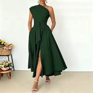 Women's One Shoulder Belted Maxi Dress Long Formal Wedding Guest Dress with Pockets