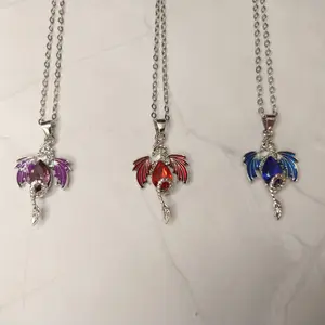 #219 Silver Dragon with Colored Wings & Matching Pear Shape Rhinestone 18 inch + 2inch extender Necklace, Casual, Mythical Jewelry, Alloy