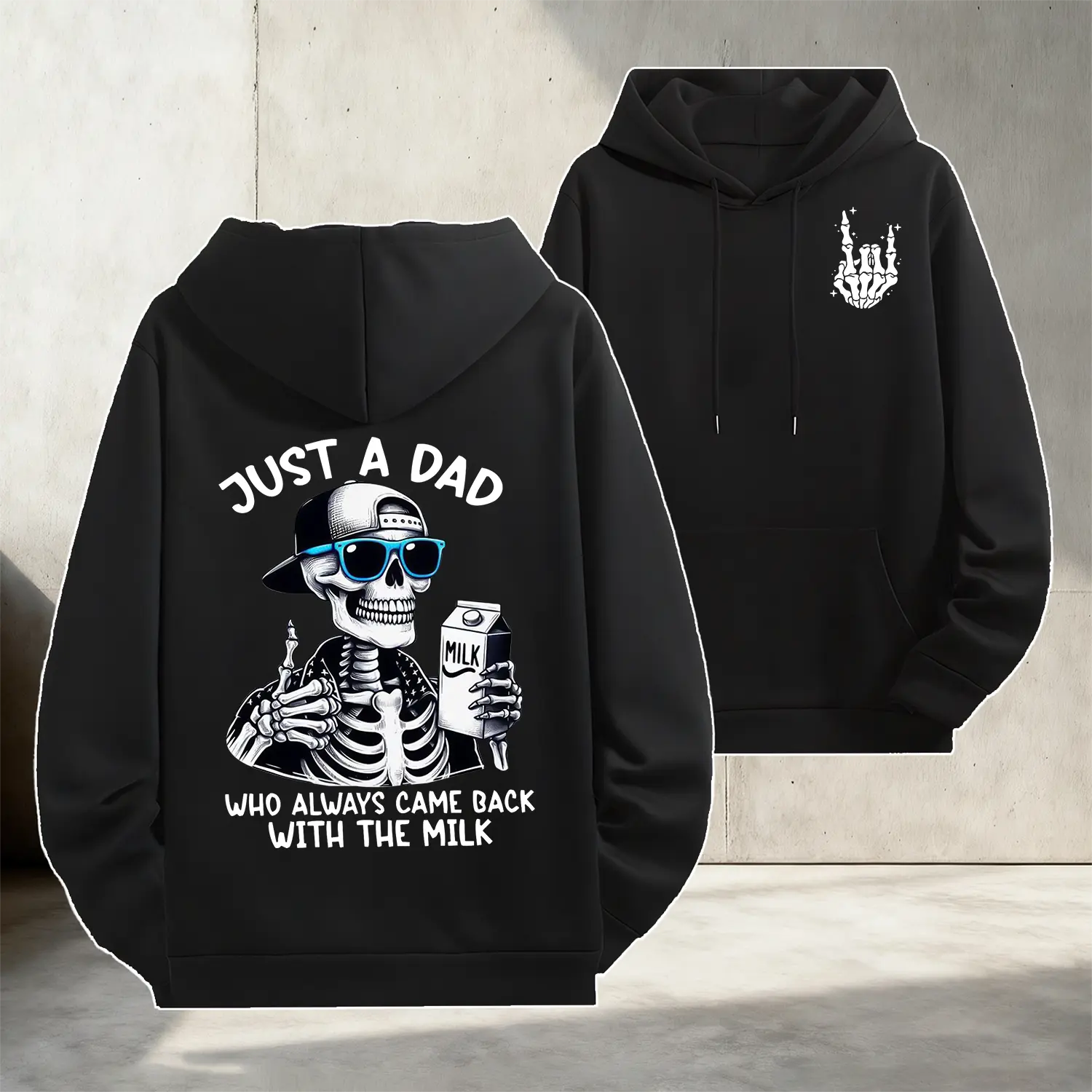 Hoodie Black Skeleton Dad with Milk Carton Print Just a Dad Who Always Came Back with the Milk Funny Father's Day Gift for Men Casual Menswear fall outfits hoodies men streetwear outfits men fits