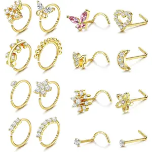 &Exquisite  Summer 16Pcs Nose Rings - Women's Surgical Steel Nose Studs & Hoops (20G, L Shaped, Corkscrew, Gold, Silver)