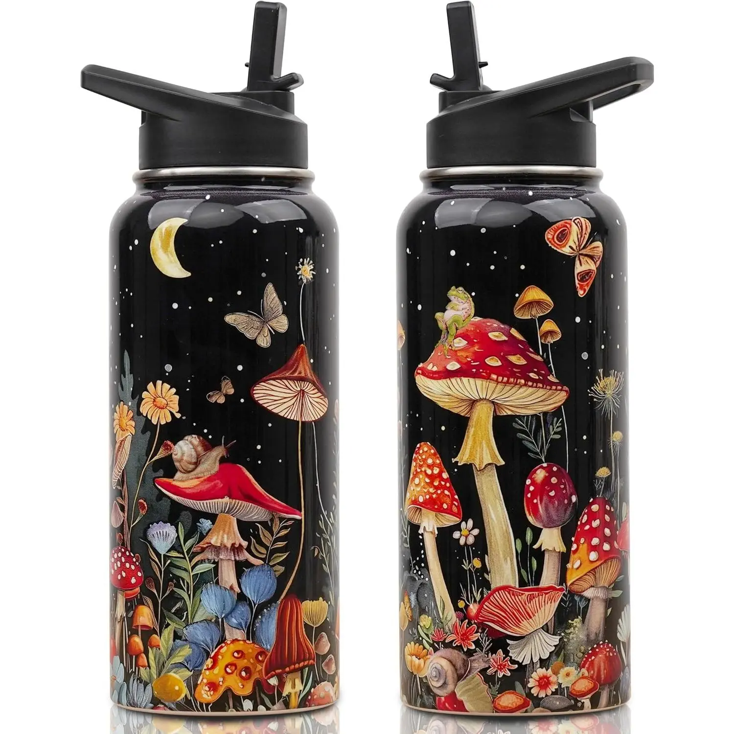 32 oz Portable Stainless Steel Mushroom Flask - Double-Wall Vac, Leakproof, Insulated, Anti-Slip Handle, Cover, Straw Lid Drinkware - Reusable Tumbler for Women, Mom - Kitchenware Gift Container for Daughter, Wife, Coworker