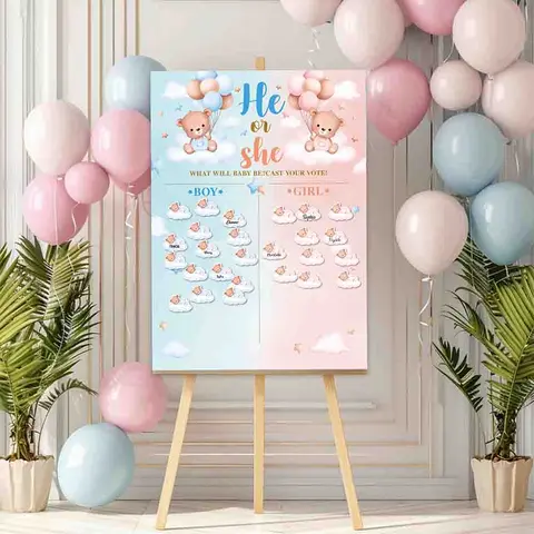 Gender Reveal Party Gift Kit - Bright Color Prop Set, 72 Stickers (36 Girl, 36 Boy), Guessing Prediction Poster, Gift Bear, Party Bag Fillers for Baby Shower Decor