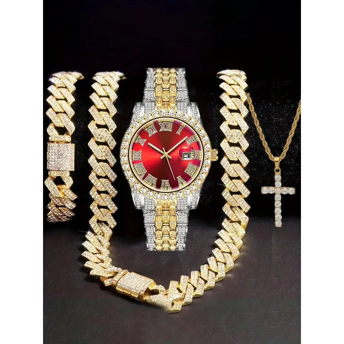Red gold (watch+bracelet+necklace+cross