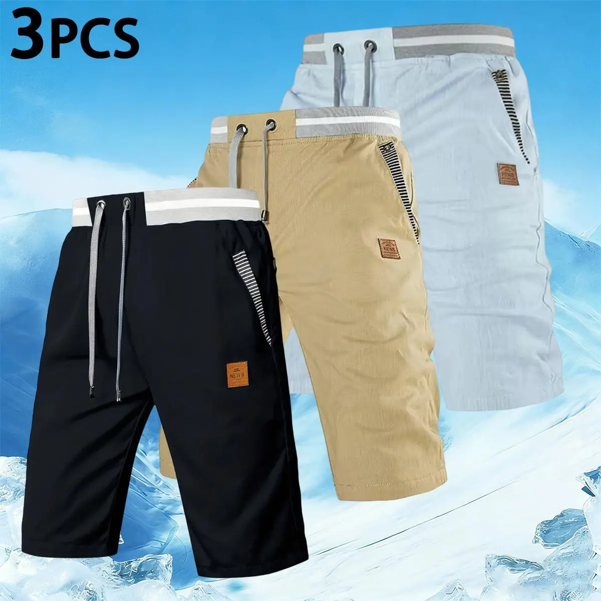 Men's Preppy Loose Straight Mid Rise Casual Shorts Elastic Waist with Contrast Stripe, Braided Drawstring, Understated Vintage Leather Label, Versatile Streetwear Bottoms, Beige Daily Wardrobe Essential