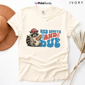 Red White and Due Tee, Patriotic 4th of July Shirt, Funny Pregnant Raccoon Graphic Top, Hotdog USA Maternity Gifts, Cute Raccoon Tee Shirts