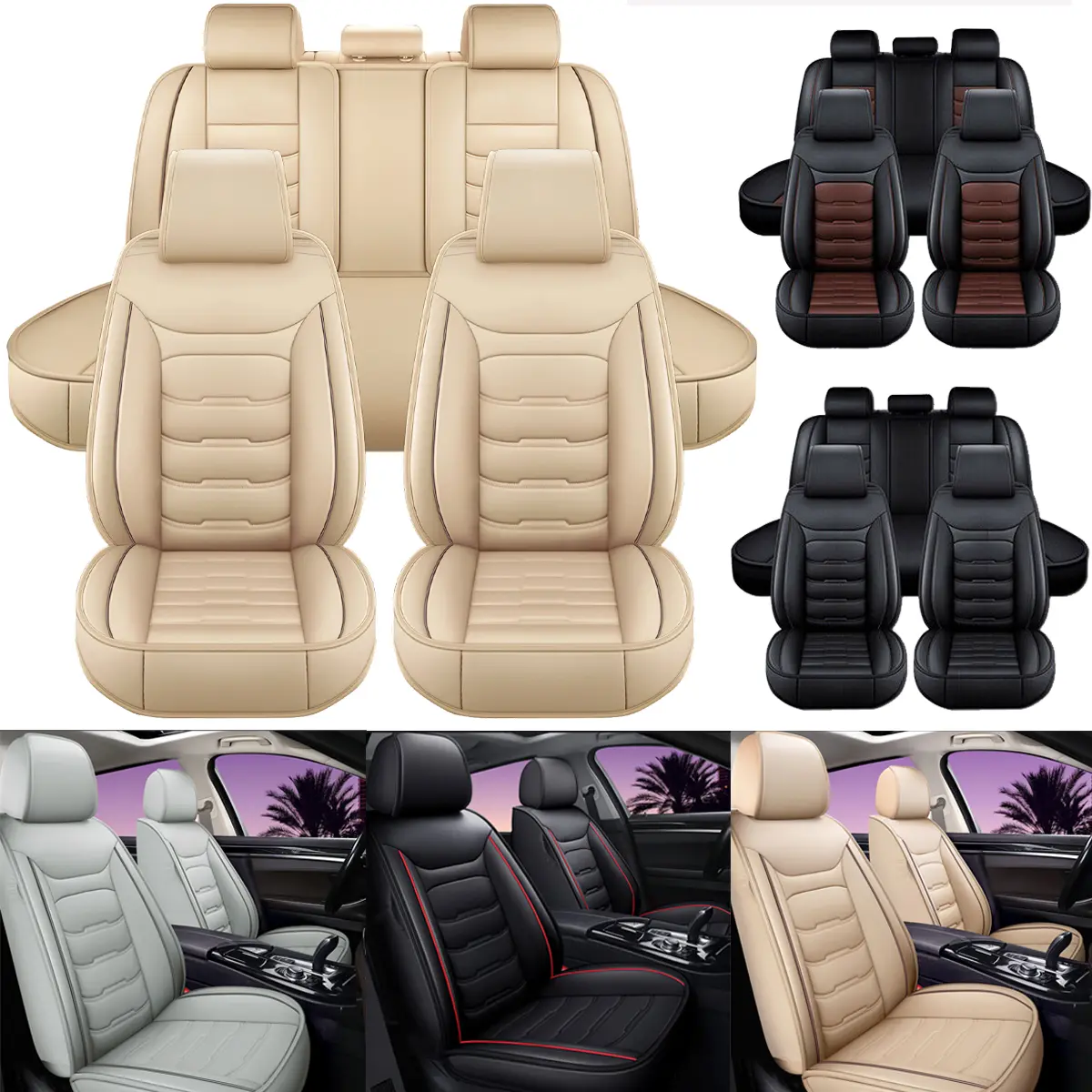 Universal FIT Piping Leather Seat Covers, Waterproof Faux Leather for SUV Sedan Van Truck, Airbag Compatible,Reserved Opening Holes for Headrest Covers