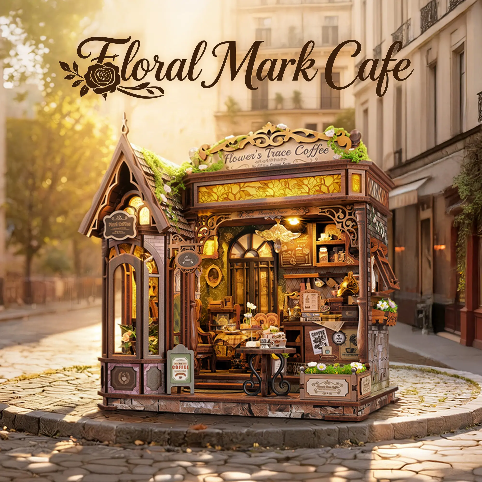 FUNPOLA Floral Mark Cafe 3D Wooden Puzzle Book Nook with Warm LED Light — Cozy Cottagecore Shelf Decor, DIY Miniature House Craft Kit, Home Decor Gift for Adults
