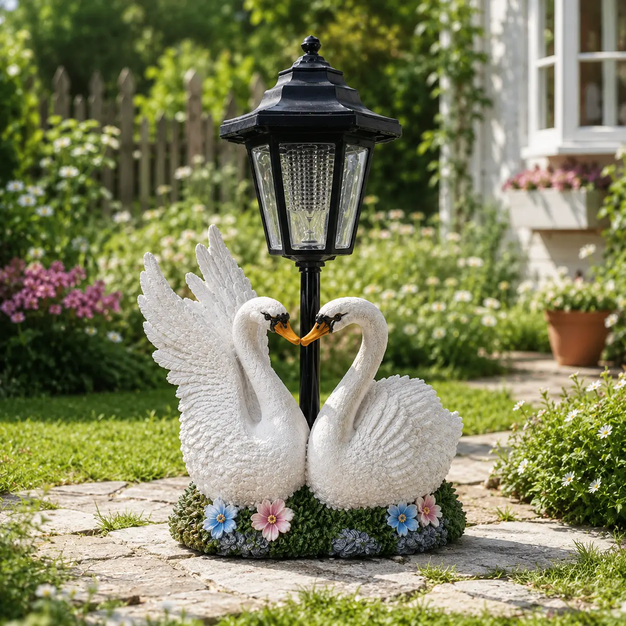 Swan Garden Statue with Solar Lantern - White Swan Pair Decorative Garden Ornament for Outdoor Spaces