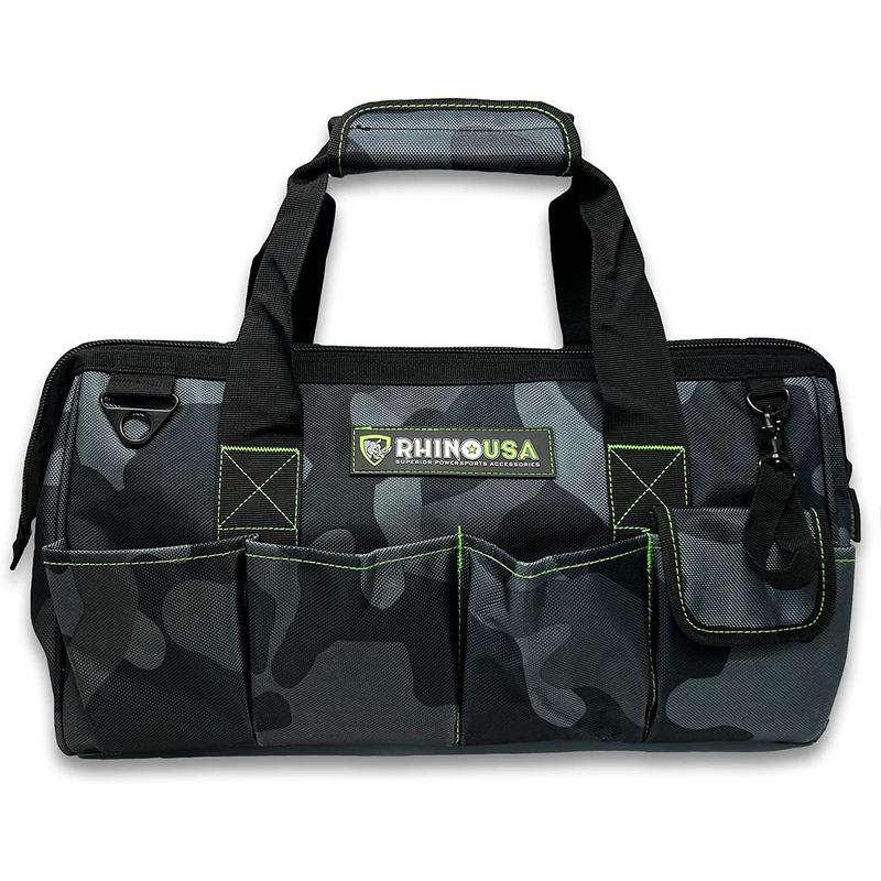 Rhino USA Heavy Duty Tool Bag Wide Mouth Tool Tote with Zipper, Large Tool Bag with Extra Side Storage Pockets, Reinforced Shoulder Strap & Metal Clips