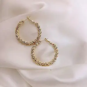 Fashion Women's 14k Gold Plated Sparkling Starring Hoop 40mm Earrings Round Drop Dangle Studs for Female Jewelry