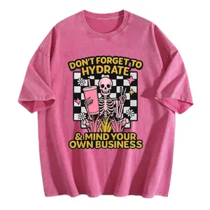Vintage Washed Pink Oversized T‑Shirt Don't Forget To Hydrate Mind Your Own Business Skeleton Checkerboard Graphic Tee Women Y2K Spooky Streetwear Casual Short Sleeve Top