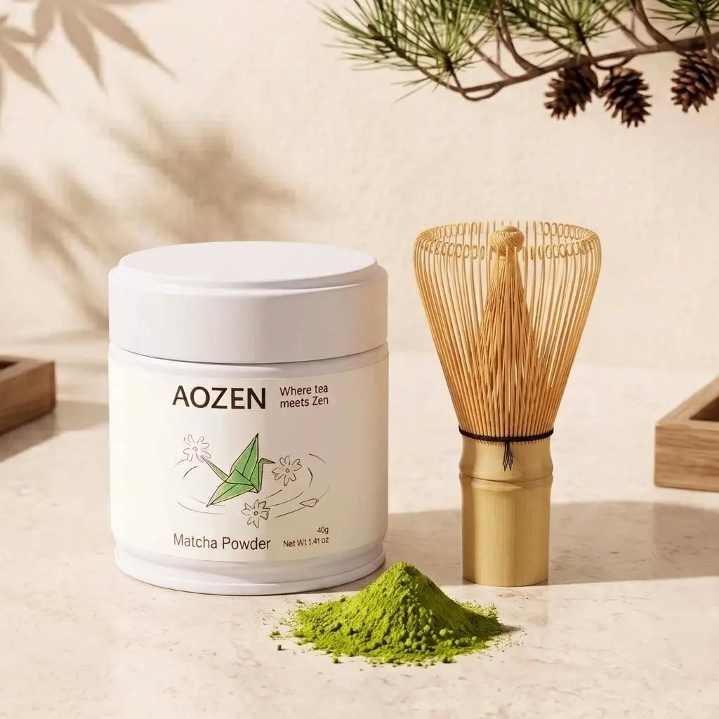 AOZEN Japanese-Style Matcha Kit: 100% Pure Matcha Powder (1.41 oz) + KAWASHIMAYA 100-Prong Bamboo Whisk (Chasen) | Zero Sugar Starter Set for Lattes & Baking