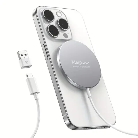 15W Magnetic Compact Portable Wireless Phone Charger - Mobile Electronic Accessory with Dual Ports, LED Light, USB-C Cable, USB-A Converter, MagSafe/Qi Adapter, Includes Cables, Compatible with iPhone 17/16/15/14 Series & AirPods 3/2/Pro