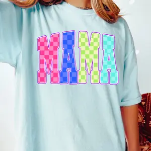 Trendy Checkered Mama Colorful Tee, Neon Mama Graphic Shirt, Y2K Mama Tee, Summer Graphic Shirt, Checkered Neon