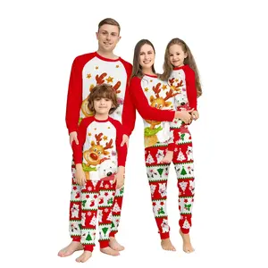 Christmas Family Matching Set, Cartoon Reindeer Bear Print Top & Striped Pants, Casual Fitted All Seasons Wear