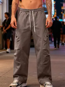 Men's All-Seasons Outfits Solid Color Trendy Cargo Sweatpants, Elastic Drawstring Waist, Soft Knit Fabric, Side Flap Pockets, Loose Fit Wide Leg Trousers for Streetwear, Gym & Daily Wear