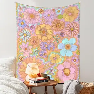 Floral Pattern Tapestry, Wall Hanging Tapestry, Cartoon Art Flower Decoration Background Cloth for Home Living Room Bedroom