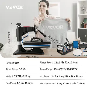 VEVOR Heat Press, 5 in 1 Heat Press Machine Machine 12x15, Clamshell Sublimation Transfer Printer Fast Heat-up, Digital Precise Temperature Control, Vinyl Heat Press for T-Shirt Plate Mug Cup, 900W