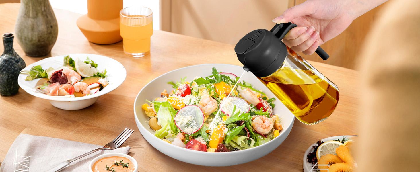 16oz/470ml Glass Olive Oil Sprayer for Cooking with Stickers, 2 in 1 Oil Dispenser for Kitchen Gadgets, Food Grade Premium Spray Bottle with Portion Control for Salad, Frying, BBQ (Black)