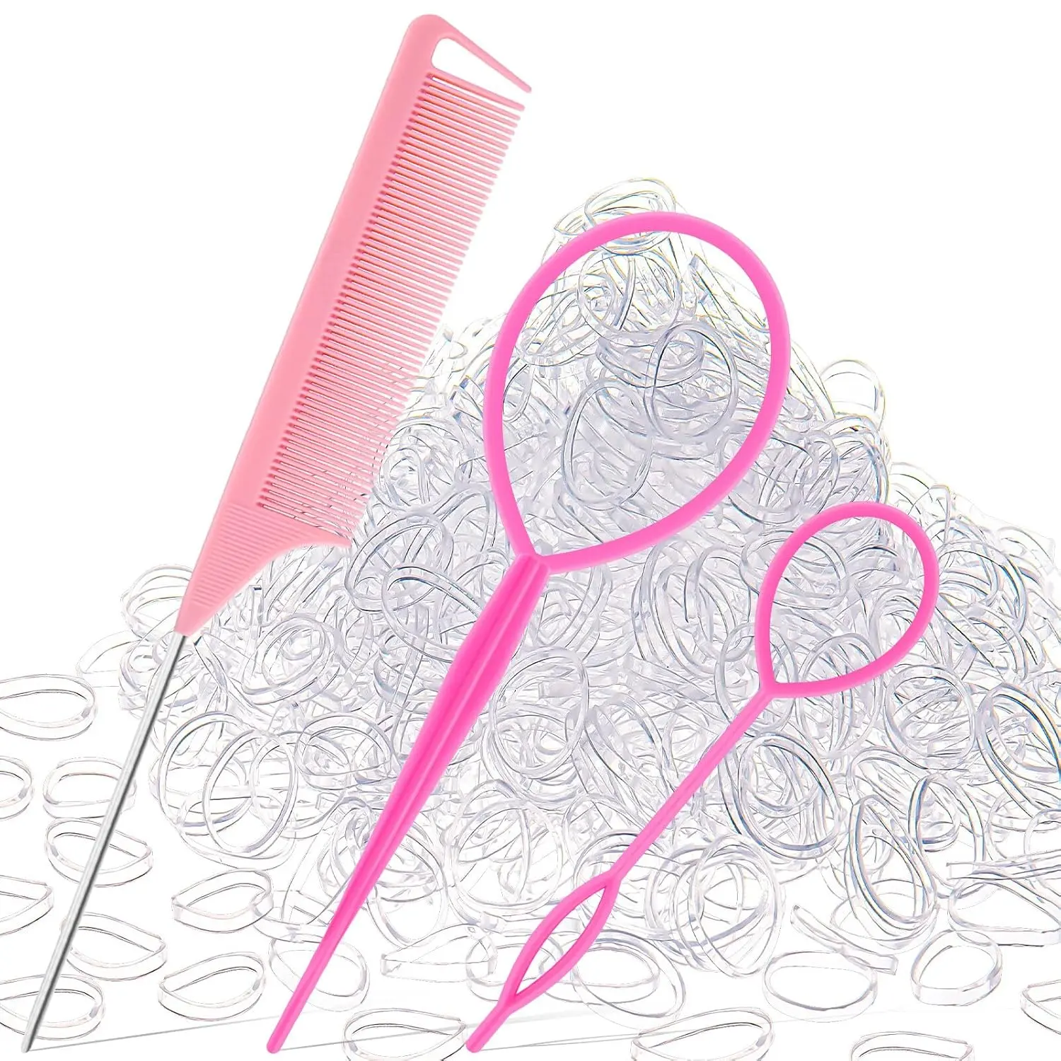 1000Pcs Soft Clear Elastic Hair Rubber Bands, 2pcs Pink French Braiding Tool & 1 Rat Tail Comb, High Elastic TPU for Girls & Women, Perfect for Styling & Braiding
