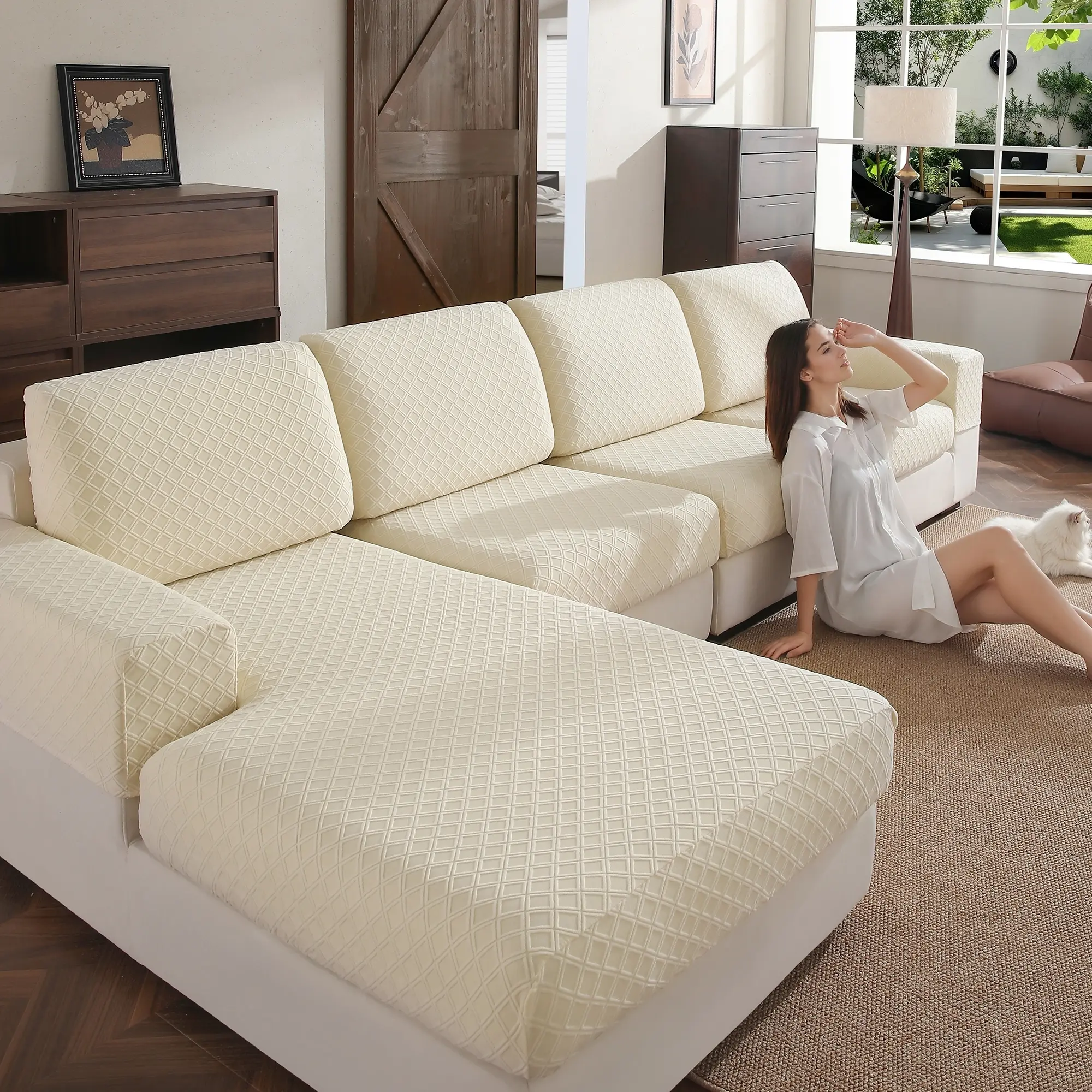 1pc Diamond Pattern Elastic Washable Sofa Slipcover, Modern Anti-Slip Sofa Protector, Sofa Covers, Suitable for L-Shaped and 1-4 Seater Sofas, L Shaped Couch Cover