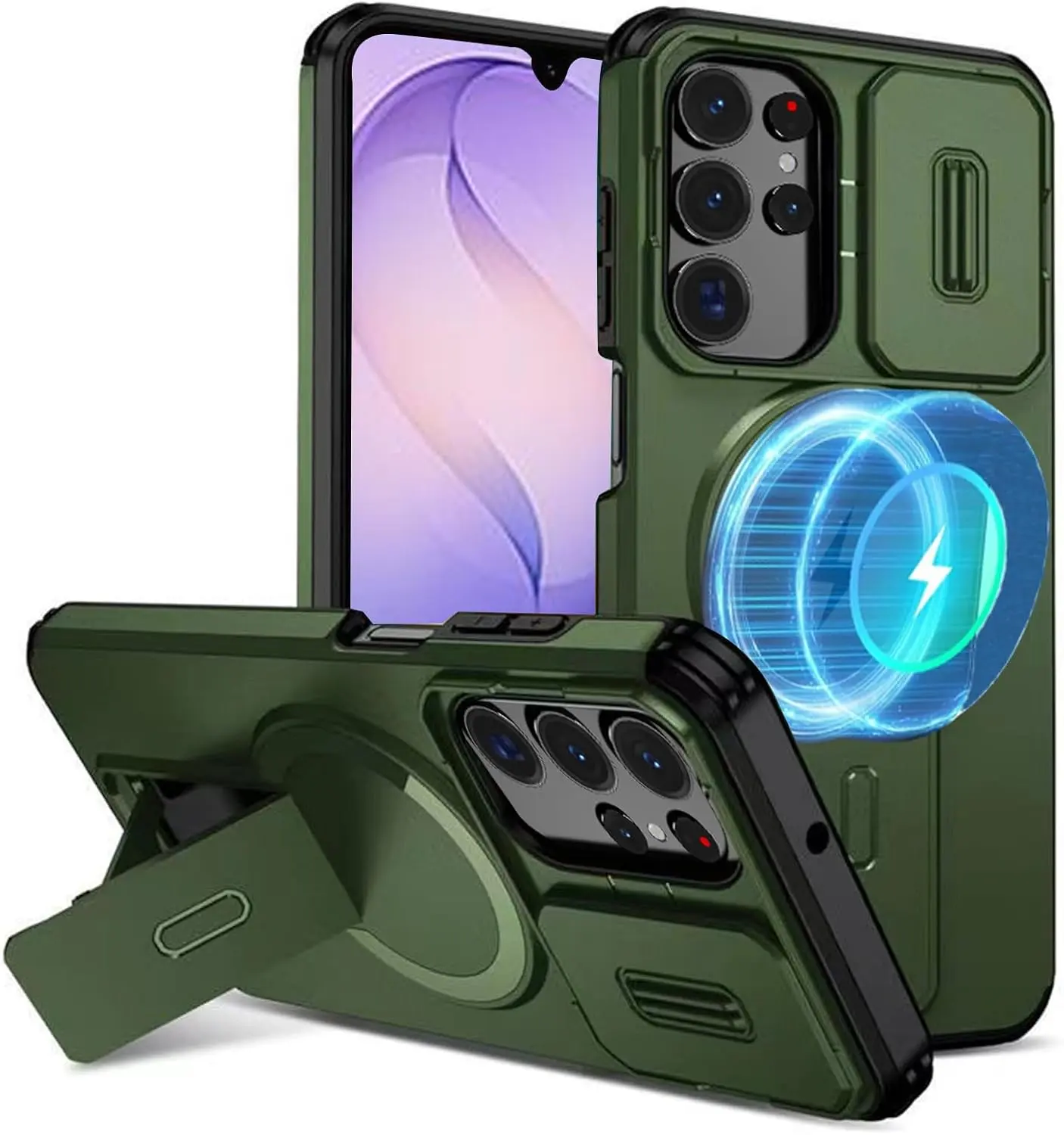 2-in-1 Hybrid Defender Magnetic Case For Samsung Galaxy S26 Ultra S25 S24 Ultra / Plus S25/ S24 FE S23 For MagSafe Rugged Foldable Kickstand Slide Camera Cover Shockproof Soft Edge Slim Hard PC + Soft Silicone Shell Multifunctional Phone Cover, Smartphone
