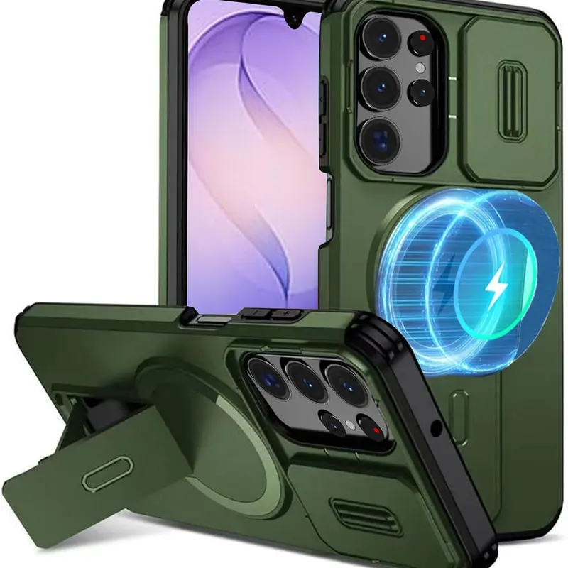 2-in-1 Hybrid Defender Magnetic Case For Samsung Galaxy S26 Ultra S25 S24 Ultra / Plus S25/ S24 FE S23 For MagSafe Rugged Foldable Kickstand Slide Camera Cover Shockproof Soft Edge Slim Hard PC + Soft Silicone Shell Multifunctional Phone Cover, Smartphone