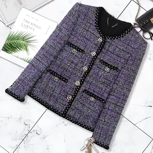 DS Unique Design Women's High-End Purple Round Neck Long-Sleeve Coarse Tweed Fitted Jacket - Autumn Winter Elegance, Pocket-Equipped Chic Woven Outerwear