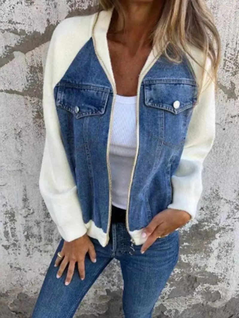 OLADA women’s autumn/winter new faux denim patchwork jacket with a turn-down collar and zip closure, casual fashion long-sleeve jacket, fall new arrival, suitable for everyday wear
