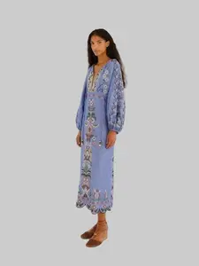 Garden Tapestry Long Sleeve Midi Dress Blue Embroidery