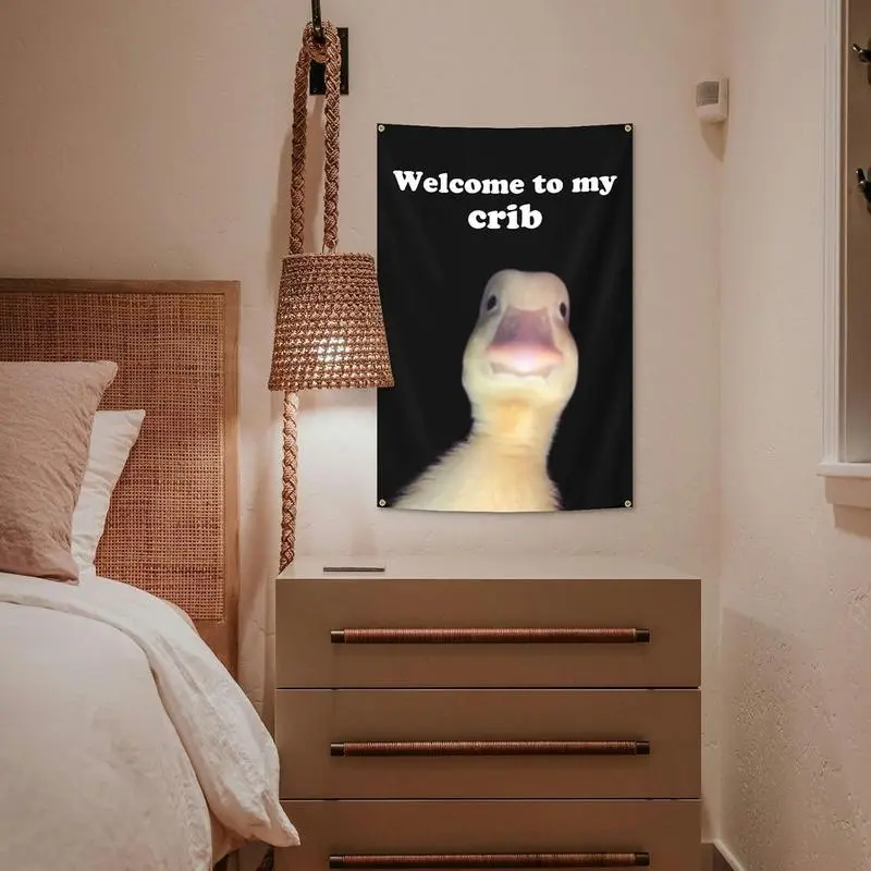 Humorous "Welcome To My Crib" Duck Theme Tapestry, 2x3FT Black/White Wall Decor, Whimsical Home Decor for Man Cave Room Decorations