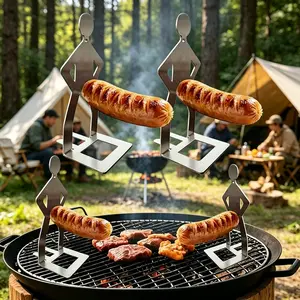 Fun Hot Dog Rack for BBQ Grill,4 Piece Stainless Steel Sausage Holder, Portable Reusable Stable Grilling Accessory for Camping Parties