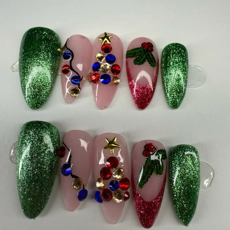 Christmas Tree Light Up Press On Nails with Glitter and Gem Accents for Festive Season