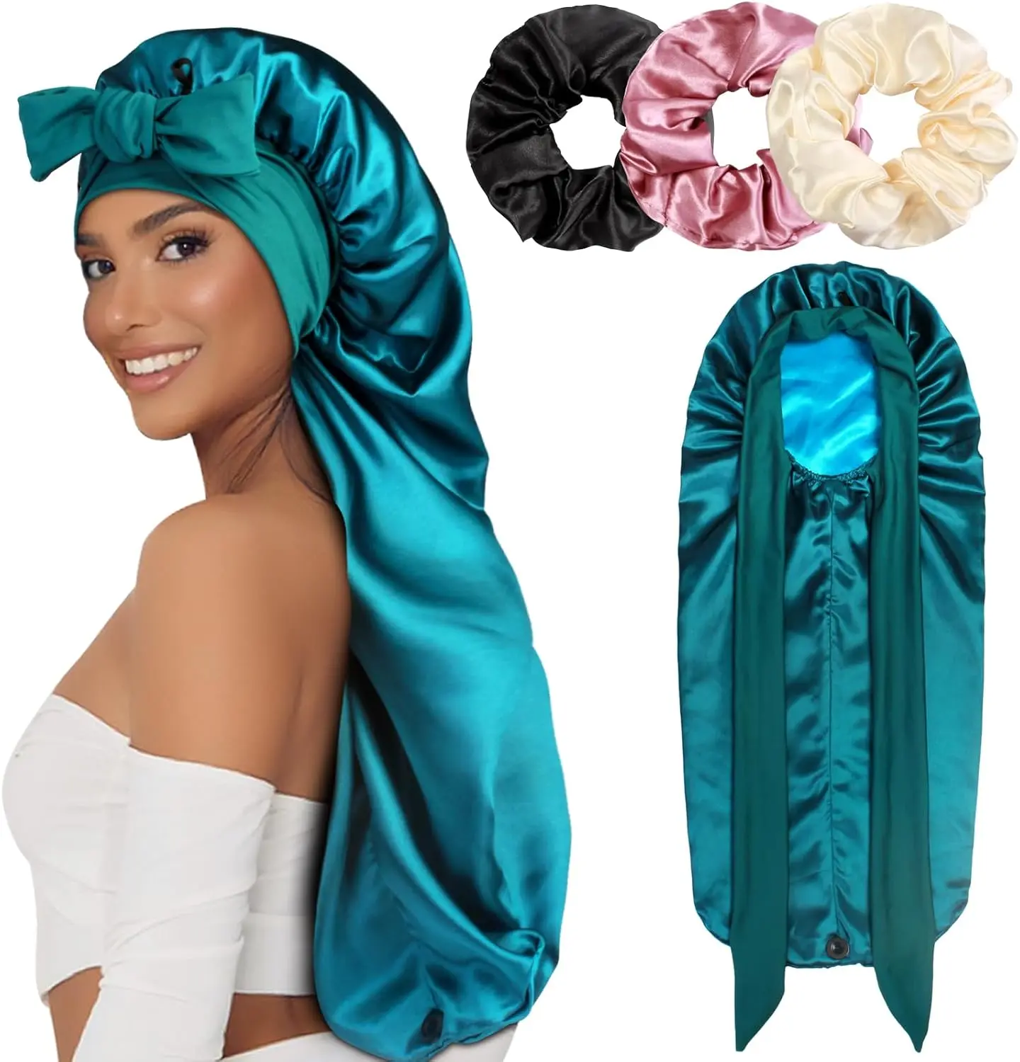 1+3 Long Satin Bonnets with Scrunchies for Women Sleeping, Double Layer Large Braid Bonnet with Tie Band