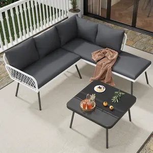 L-Shaped Handmade Wicker Outdoor Sofa Set, 4-Piece All-Weather Patio Sectional with Metal Frame, Conversation Furniture with Coffee Table & Ottoman Perfect for Backyard, Garden, Poolside