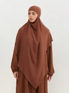 FY7716（1-Piece Brown Crinkle Abaya with. Casual Modest Muslim Prayer Dress）
