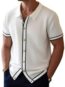 YINK Men's Contrast Stripe Turn-Down Collar Shirt, Button, Casual Short Sleeve Top, Stylish and Comfortable, Perfect for Daily Wear